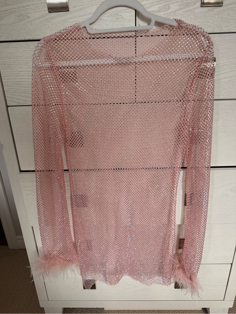 Pink Mesh Long Sleeve Top with Feather Cuffs